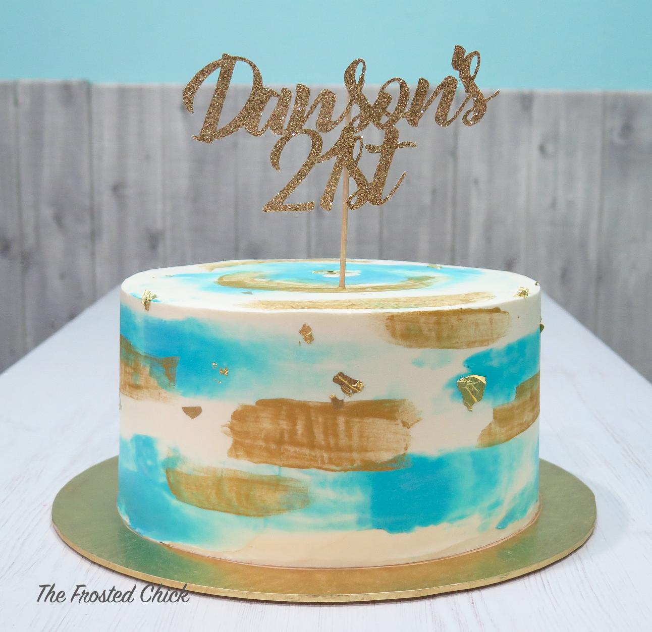 blue gold glitter watercolor birthday cake